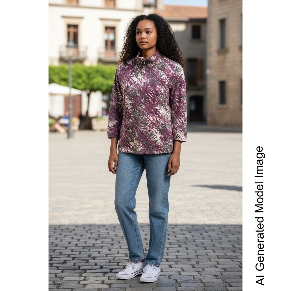 Breckenridge Womens Small Zip Pullover Abstract Botanical Print Plum S